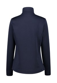 Mörkblå långärmad topp med hög krage, med en strukturerad fiskbensmönster och en figurnära silhuett. Inga synliga knäppningar.