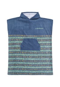 Denim pullover with a hood, featuring a textured blue lower half with green and gold pattern stripes and a kangaroo pocket.