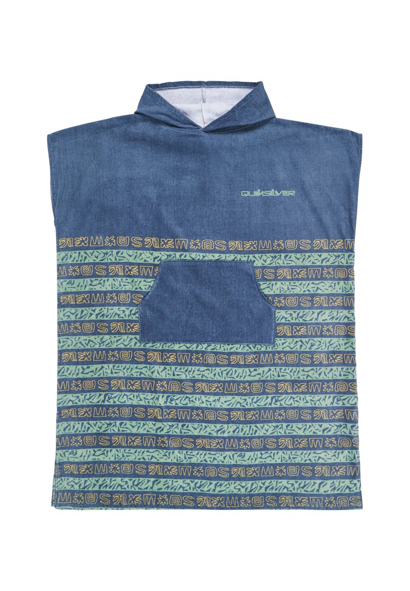 Denim pullover with a hood, featuring a textured blue lower half with green and gold pattern stripes and a kangaroo pocket.