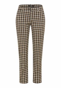 Bruine en crème houndstooth-gepatenteerde broeken met een slim fit, voorzien van een knoop- en ritsluiting en een standaard tailleband.