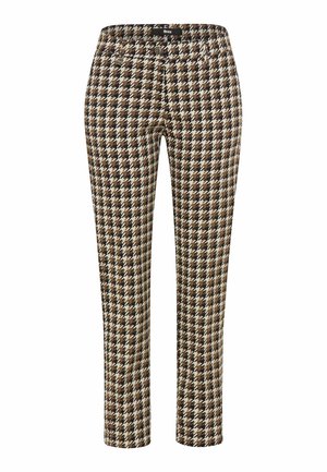 Bruine en crème houndstooth-gepatenteerde broeken met een slim fit, voorzien van een knoop- en ritsluiting en een standaard tailleband.