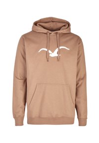 Felpa marrone realizzata in morbido tessuto, dotata di tasca frontale a marsupio, cappuccio con coulisse e un logo di uccello bianco sul petto.