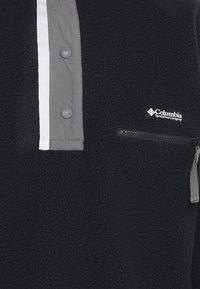 Pullover in pile nero con dettagli grigi, presenta un colletto con bottoni, una tasca con zip sul davanti e un logo sul petto.