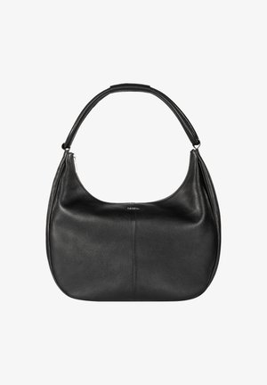 Black leather shoulder bag with a curved top handle, central vertical stitching, and a minimalist silver zipper on a white background.