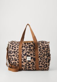 Borsa a tracolla in tessuto leopardato tan e nero, dotata di doppie maniglie marroni, una tracolla regolabile e una piccola tasca frontale.