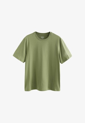 T-shirt met korte mouwen in licht olijfgroen, gemaakt van zachte katoen, voorzien van een klassieke ronde hals en een losse pasvorm. Geen zichtbare patronen of accenten.