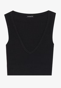 Fekete bordázott crop top mély V-kivágással és széles vállpántokkal. Rugalmas anyagból készült, varrás nélküli szegéllyel rendelkezik.