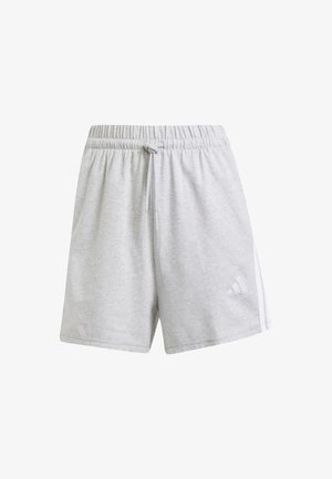 Szare sportowe spodenki wykonane z miękkiego materiału, z elastycznym paskiem w talii i sznurkiem oraz kontrastującymi białymi paskami po bokach.