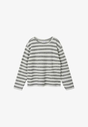 Long-sleeve sweater in a light grey and white striped pattern, made of soft fabric with a round neckline and relaxed fit.