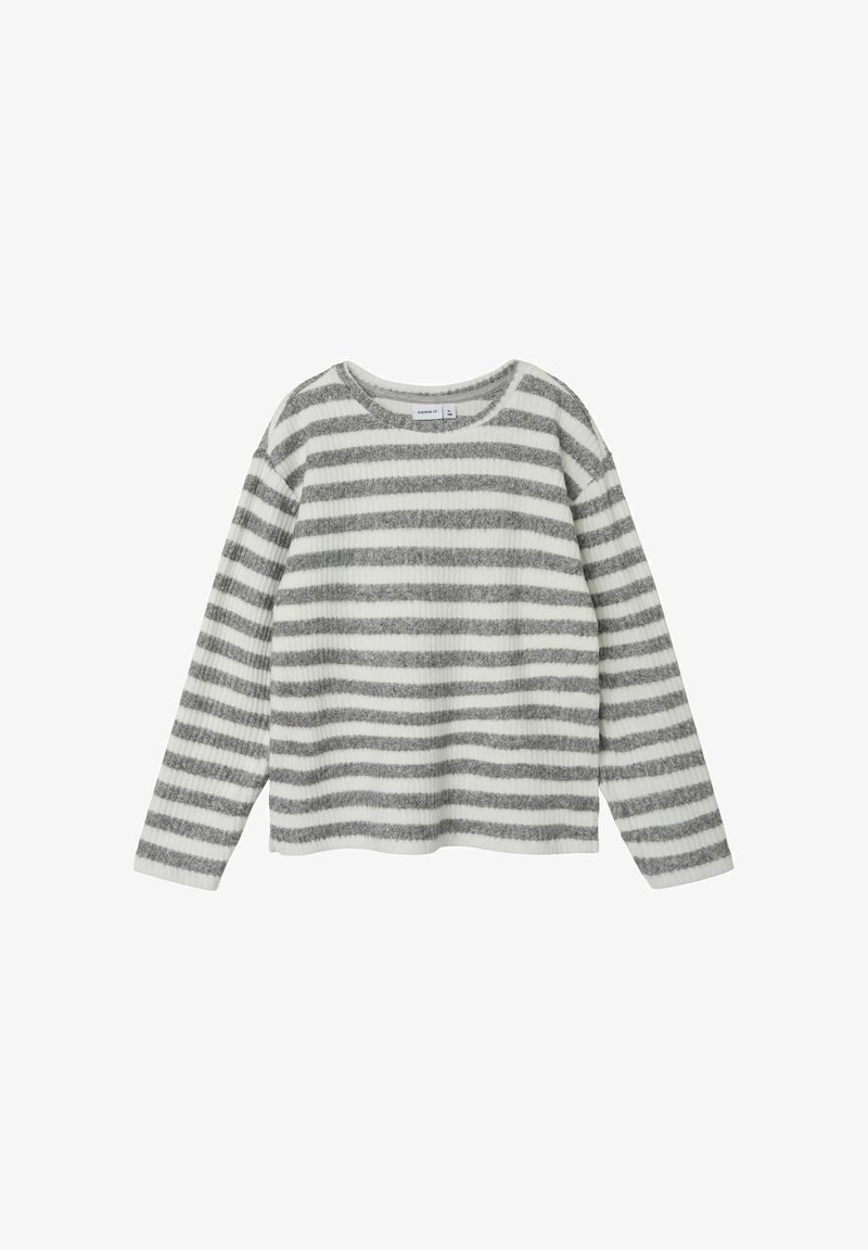 Langärmliger Pullover in einem leicht grauen und weißen Streifenmuster, aus weichem Stoff mit rundem Ausschnitt und lockerer Passform.