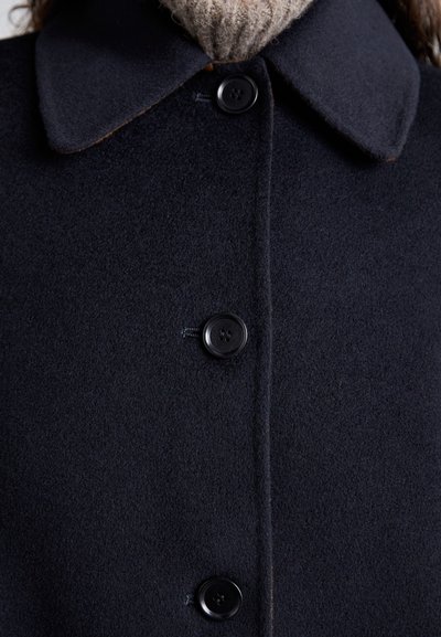 Cappotto di lana blu navy con colletto classico, cinque bottoni neri e un tessuto lavorato. Accentuato da una sciarpa di maglia chiara sotto.