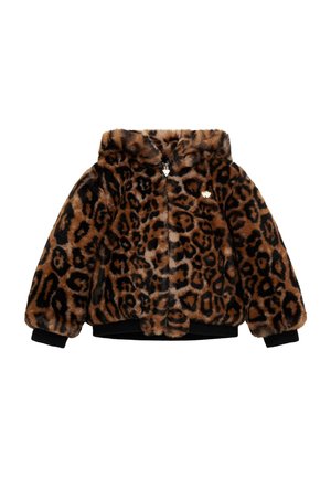 Veste courte en fausse fourrure imprimé léopard marron et noir avec fermeture éclair devant et poignets côtelés noirs.