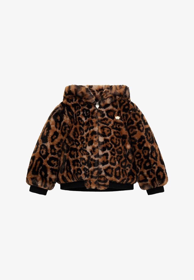 Veste courte en fausse fourrure imprimé léopard marron et noir avec fermeture éclair devant et poignets côtelés noirs.