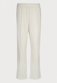 Gerade geschnittene, hellcremefarbene Hosen mit elastischem Bund, ausgestattet mit Falten und einer glatten, weichen Textur. Minimalistisches Design ohne Muster.