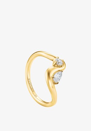 Anillo abierto de oro con dos gemas transparentes en forma de pera en cada extremo, banda lisa y grabado "Rosefield 54" en el interior.