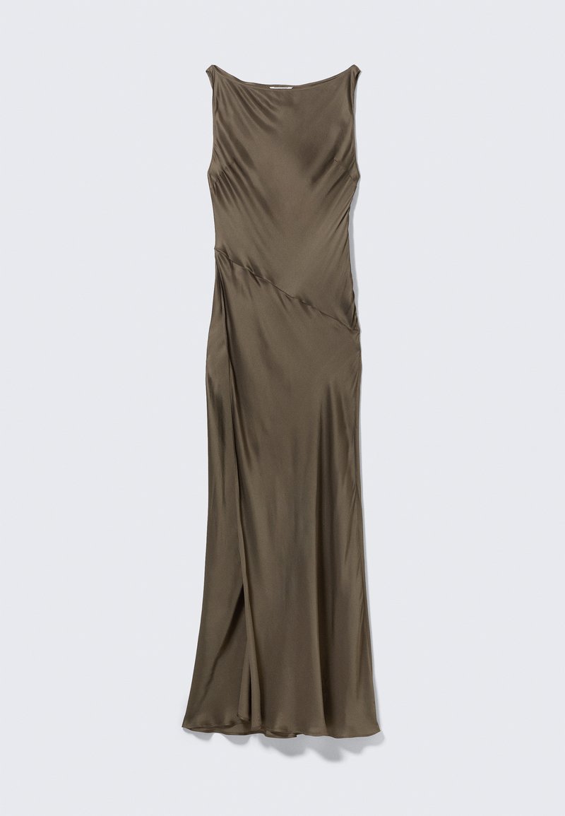 Olive green satin dress with a fitted bodice, asymmetric draping, and a floor-length hem. Features a scoop neckline and smooth texture.