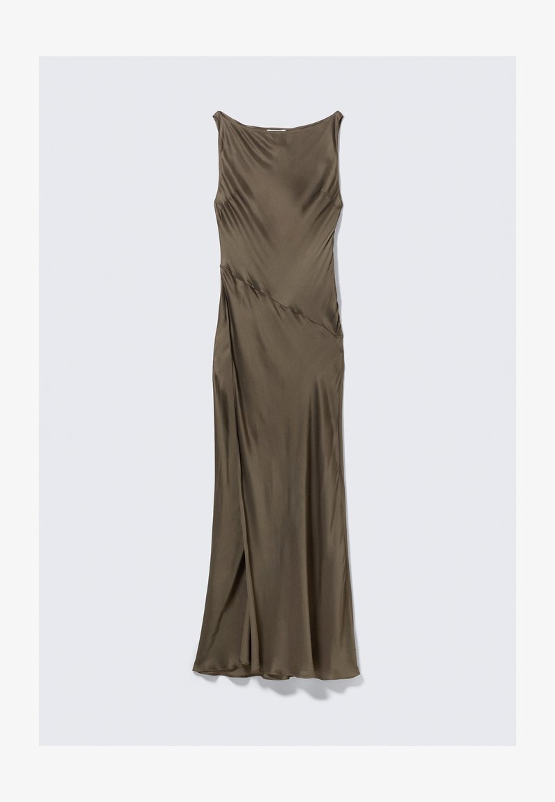 Olive green satin dress with a fitted bodice, asymmetric draping, and a floor-length hem. Features a scoop neckline and smooth texture.