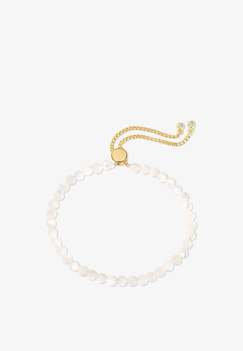 Helmed kaelakee, mis sisaldab opakset valget kivi ja on kinnitatud kuldse ahelaga, ringikujulise lukuga, kaunistatud kahe väikese kristallaktsendiga.