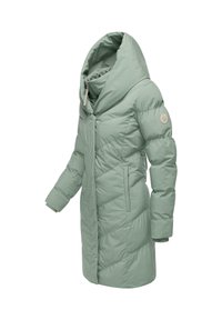 Mintgroene pufferjas met een grote, gedrapeerde capuchon, ritssluiting, zijzakken en een gestructureerd, gewatteerd patroon. Inclusief elastische manchetten.