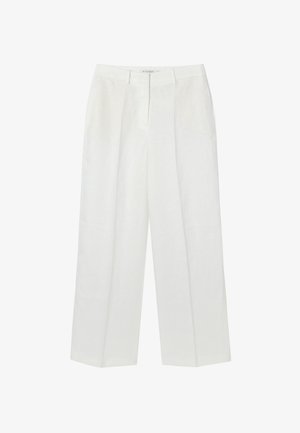 White high-waist wide-leg trousers with belt loops, front pleats, and a concealed front zipper closure.