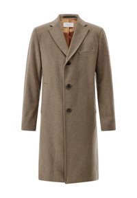 Brauner Wollmantel mit Reverskragen, drei Knöpfen, einer Brusttasche und Seitentaschen. Glatte Textur und maßgeschneidertes Design.