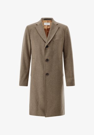 Brauner Wollmantel mit Reverskragen, drei Knöpfen, einer Brusttasche und Seitentaschen. Glatte Textur und maßgeschneidertes Design.