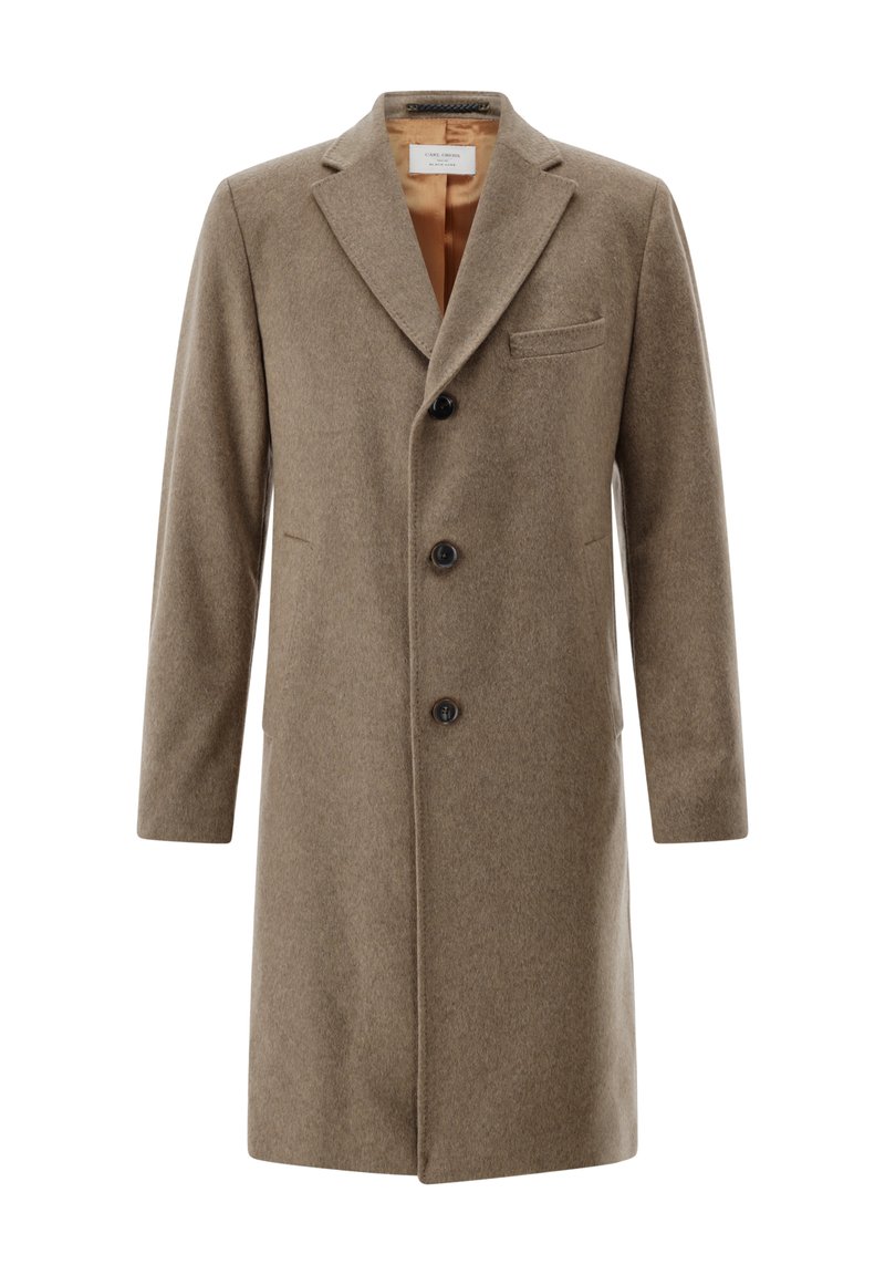 Brauner Wollmantel mit Reverskragen, drei Knöpfen, einer Brusttasche und Seitentaschen. Glatte Textur und maßgeschneidertes Design.
