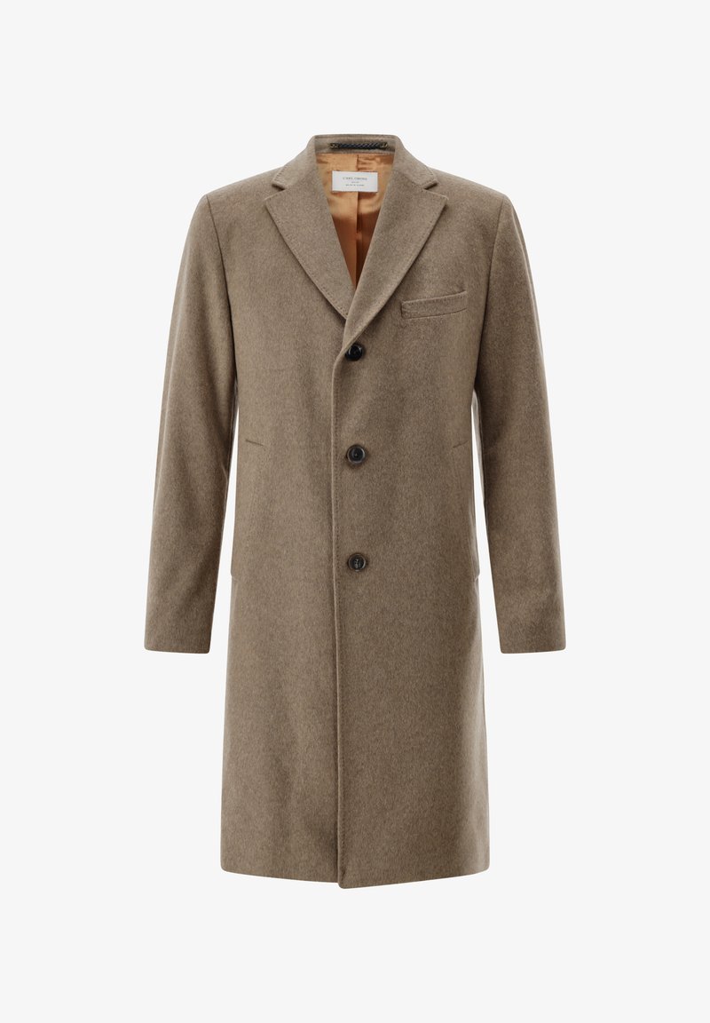 Brauner Wollmantel mit Reverskragen, drei Knöpfen, einer Brusttasche und Seitentaschen. Glatte Textur und maßgeschneidertes Design.