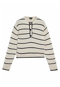 Maglione a righe in crema e nero, con scollo rotondo, patta con tre bottoni e maniche lunghe. Tessuto a maglia testurizzato con righe ben visibili.