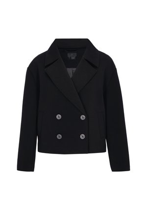 Schwarze verkürzte Jacke aus strukturiertem Stoff, mit doppelreihigem Design, großen Knöpfen und weitem Revers sowie zwei Seitentaschen.