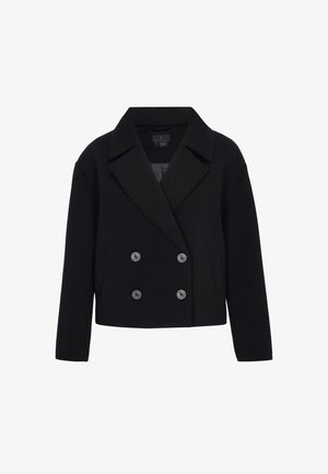 Czarna krótka kurtka wykonana z fakturowanej tkaniny, z podwójnym zapięciem na guziki, dużymi guzikami oraz szerokim kołnierzem, z dwoma bocznymi kieszeniami.