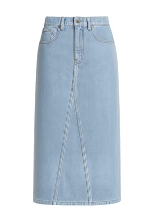 Heledsinine denim midi-seelik, sirge siluetiga, millel on etteõmmeldud õmblused ja metallist nööpidega sulgemine. Sile tekstuur ja mugav kujundus.