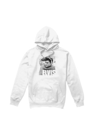 White hooded sweatshirt with front pocket featuring a black and white photo of a man in a sweater and the text "ELVIS" below the image.