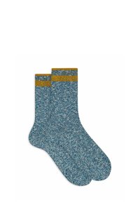 Calze a maglia blu con un motivo testurizzato, caratterizzate da un polsino a strisce dorate. Progettate per comfort e calore.