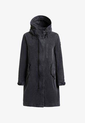 Jachetă parka lungă neagră cu guler înalt, glugă reglabilă, fermoar frontal, manșete cu nasturi și buzunare oblice cu clapetă.