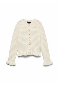 Vit stickad cardigan med ett texturerat mönster, rund halsringning, knäppning framtill och volangkantade ärmslut och fåll.