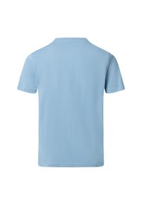 Helles blaugraues, kurzärmliges T-Shirt aus weichem Stoff, mit rundem Ausschnitt, glatter Textur und ohne sichtbare Muster oder Akzente.
