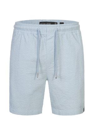 Svetlo modré plavky s textúrovaným povrchom, elastickým pásom a sťahovacou šnúrkou. Obsahujú akcent s logom na spodnom okraji.