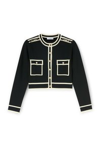 Černý krátký cardigan s krémovým lemem, zdobený zlatými knoflíky, dvěma náprsními kapsami a dekorativními akcenty na ramenou. Měkká pletená tkanina.