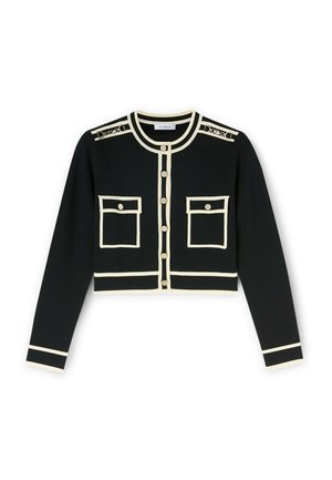 Cardigan corto nero con rifiniture crema, dotato di bottoni dorati, due tasche sul petto e spalline decorative. Tessuto a maglia morbido.