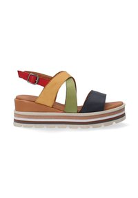 Multicolored platform sandals with cross-straps, featuring yellow, green, red, and navy blue leather. Sturdy sole with striped accents.