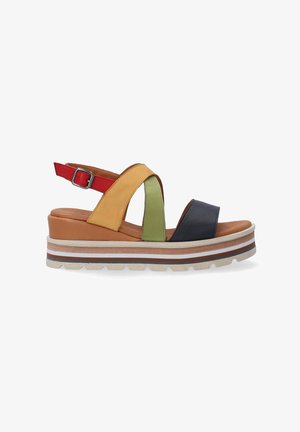 Multicolore platform sandalen met kruisbanden, vervaardigd uit gele, groene, rode en marineblauwe leer. Stevige zool met gestreepte accenten.