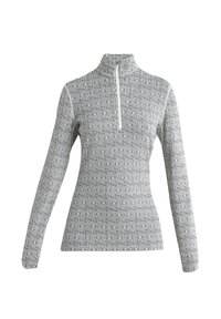 Pullover grigio chiaro con colletto a zip a un quarto, caratterizzato da un motivo nero ripetuto. Maniche lunghe con un design aderente e texture liscia.