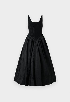 Black dress with a fitted bodice and full skirt. Features a scoop neckline, textured stitching, and a zipper closure at the back.
