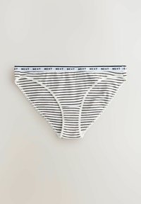 Randiga boxershorts för damer i vitt och mörk marinblått, tillverkade av mjukt tyg, med en logoband i midjan och en låg midja.