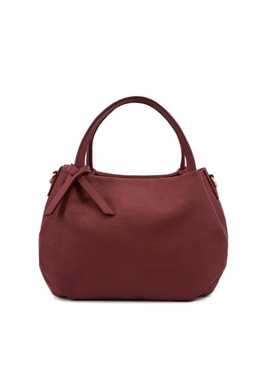 Sac à main en cuir rouge foncé de forme arrondie, deux petites poignées et une sangle décorative nouée sur un côté, présenté sur fond blanc.