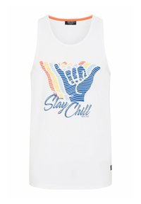 White tank top featuring a blue graphic of a hand signal and multicolored striped background. "Stay Chill" text in blue, casual fit.