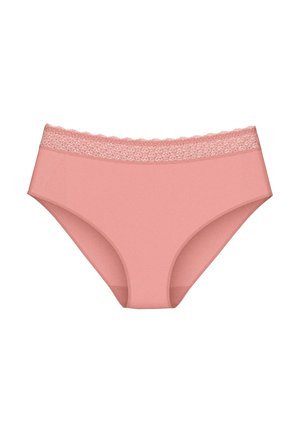 Mutandine da donna rosa morbido con una fascia elastica larga in pizzo, stile a copertura totale, tessuto liscio e design senza cuciture.