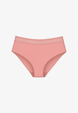 Mutandine da donna rosa morbido con una fascia elastica larga in pizzo, stile a copertura totale, tessuto liscio e design senza cuciture.