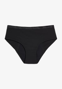 Slip bikini a vita alta nero con una texture liscia, caratterizzato da una cintura in vita nera glitterata a contrasto e un design solido.
